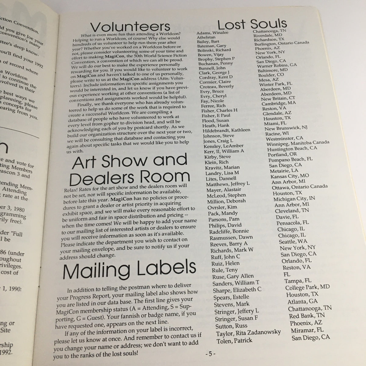 Volunteers and Mailing Labels section from MagiCon Progress Report 1 September 1992, 50th World Science Fiction Convention.