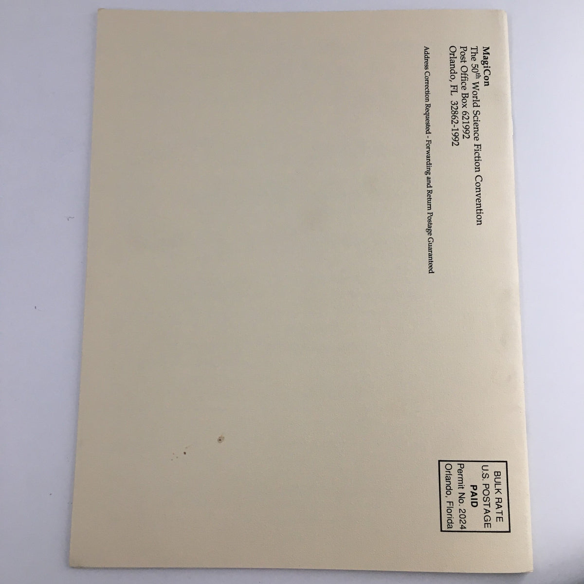 Back cover of MagiCon Progress Report 1 September 1992, 50th World Science Fiction Convention, featuring mailing address details.