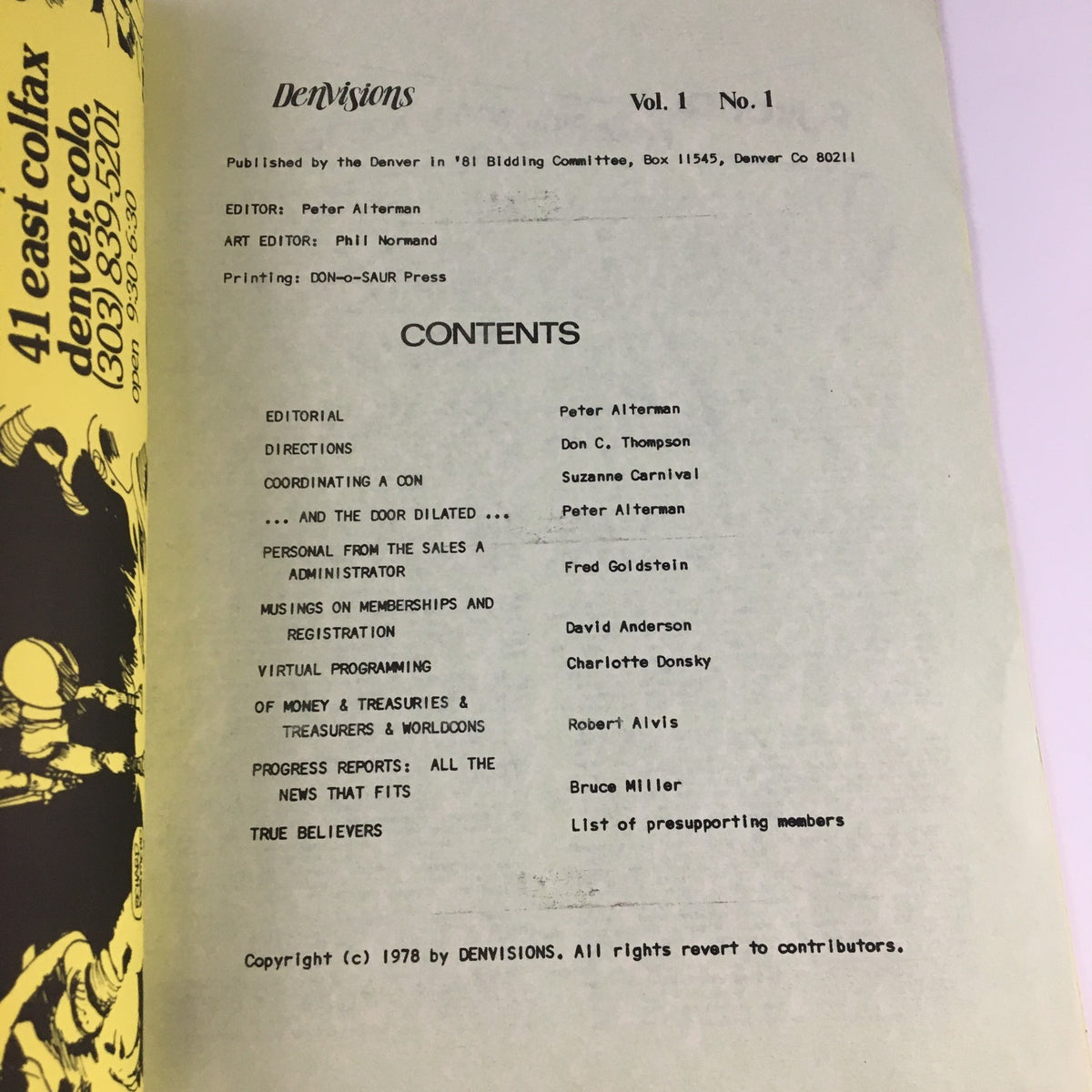 Contents page of Den Visions Vol 1 No. 1, 1978, listing articles and contributors including editorial, directions, and event planning details.