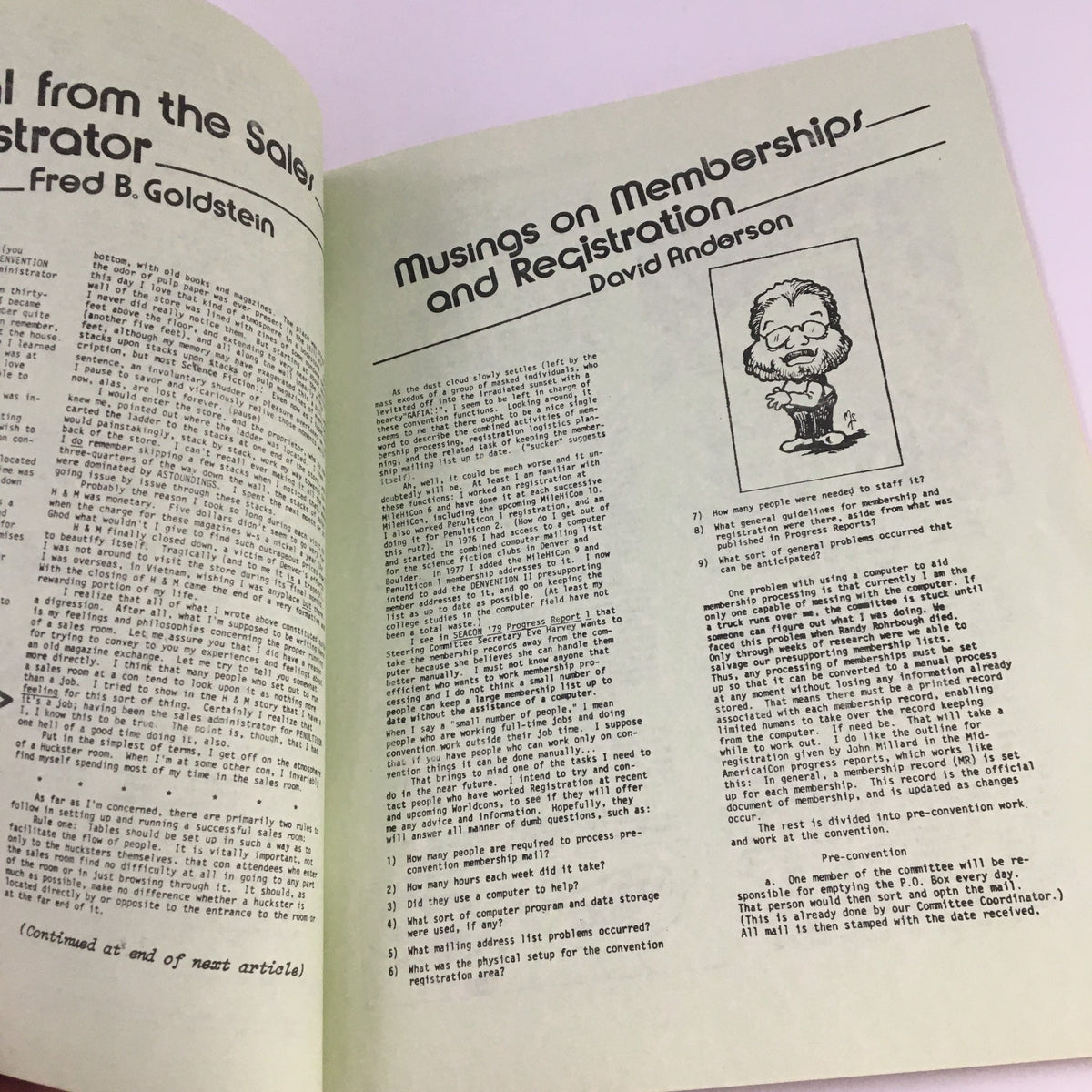 Interior page of Den Visions Vol 1 No. 1, 1978, featuring an article titled 'Musings on Memberships and Registration' by David Anderson.