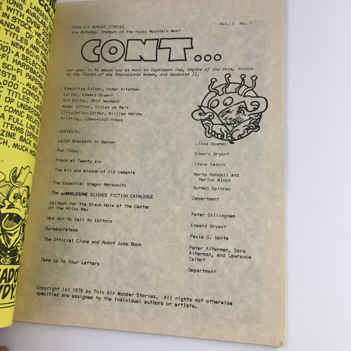 Inside page of Den Visions Vol 1 No. 1 (1978) listing contents including 'The unWHOLesome Science Fiction Catalogue' and contribution details from various authors.