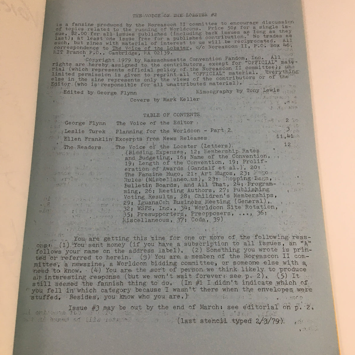 Inside page of Voice of the Lobster #2 1979, edited by Mark Keller, showcasing the table of contents and editorial information.