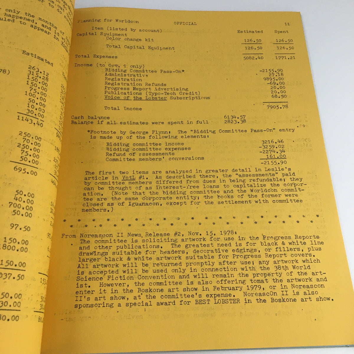 Financial overview page from Voice of the Lobster #2 1979, detailing estimated expenses and financial planning for the publication.