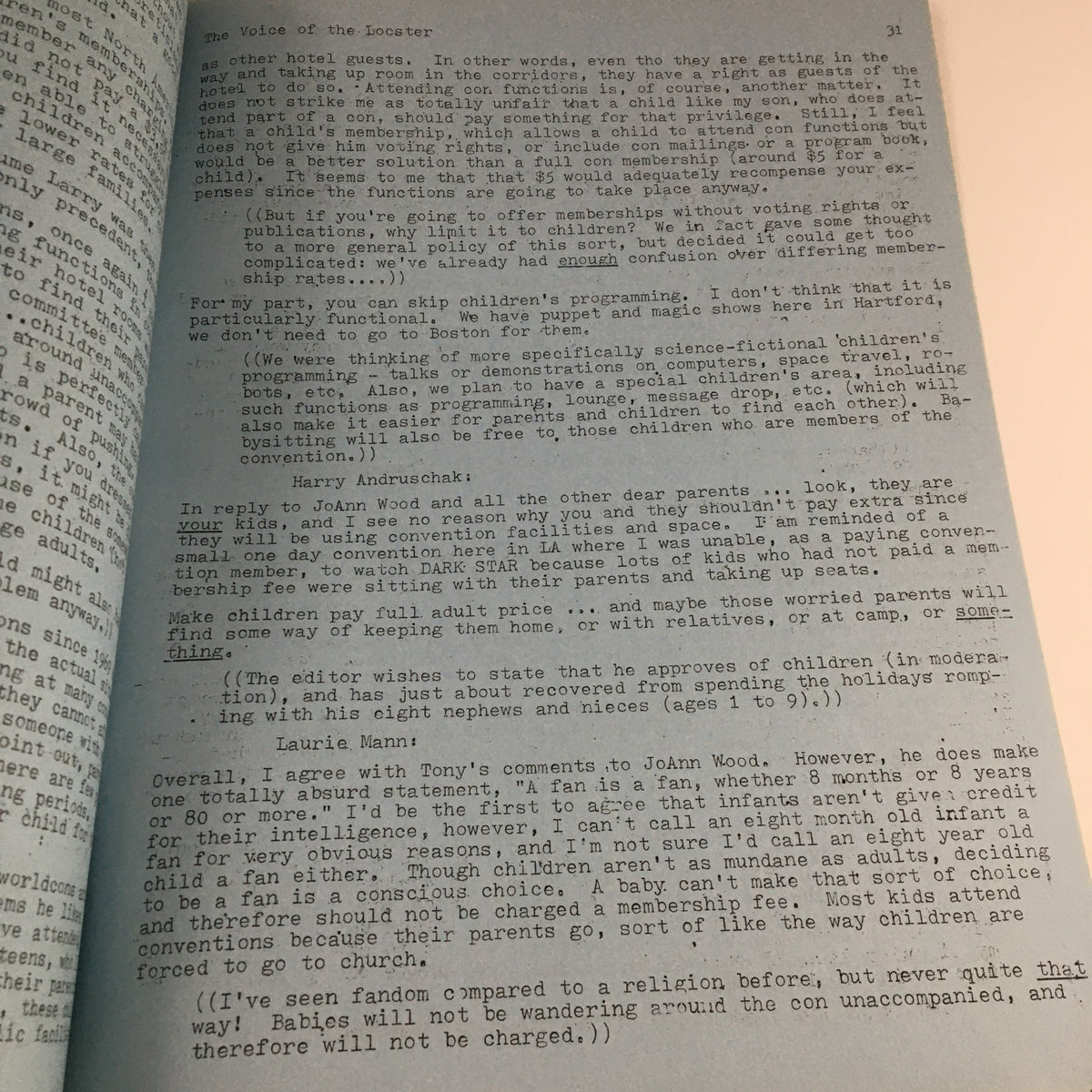 Page from Voice of the Lobster #2 1979 discussing the importance of children's programming and featuring a commentary by Laura Baird.
