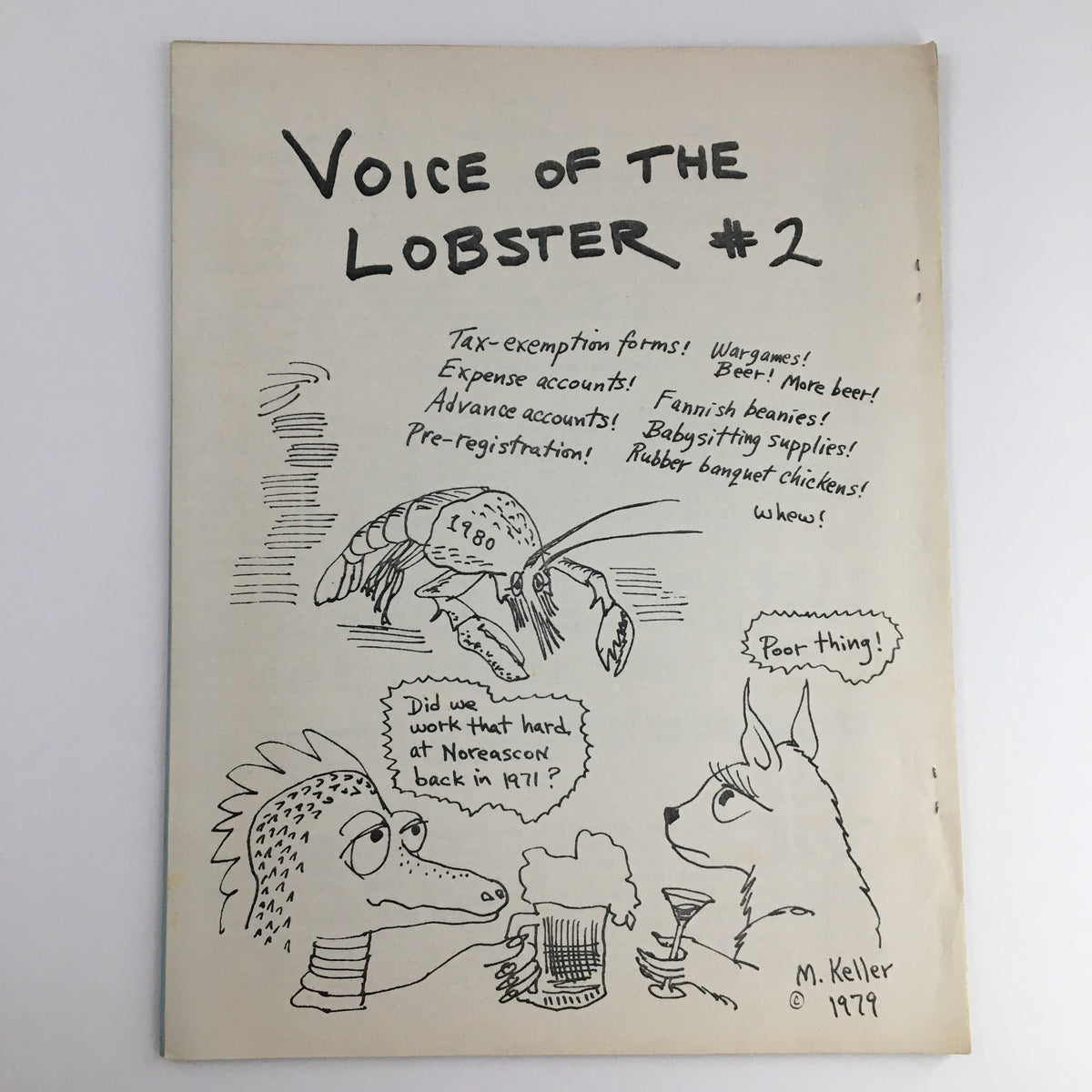 Cover of Voice of the Lobster #2, 1979, illustrated by Mark Keller, featuring a humorous cartoon with various elements such as a lobster, drinks, and playful text, showcasing the magazine's unique theme.