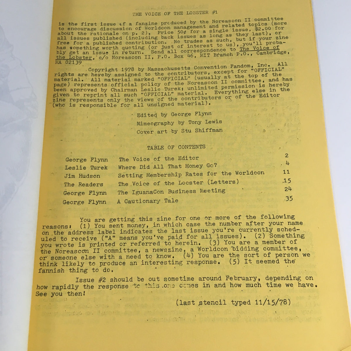 Table of contents page of 'Voice of the Lobster #1', 1978, detailing editorial contributions and topics discussed within.
