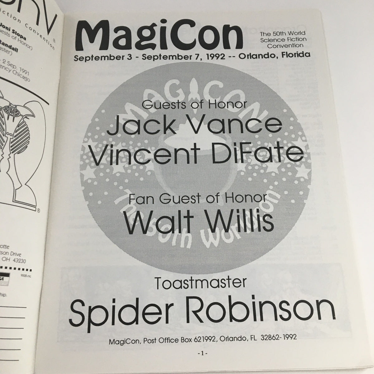 MagiCon Progress Report 2 featuring guests of honor Jack Vance, Vincent DiFate, and fan guest of honor Walt Willis. Toastmaster Spider Robinson listed in the September 1992 publication.