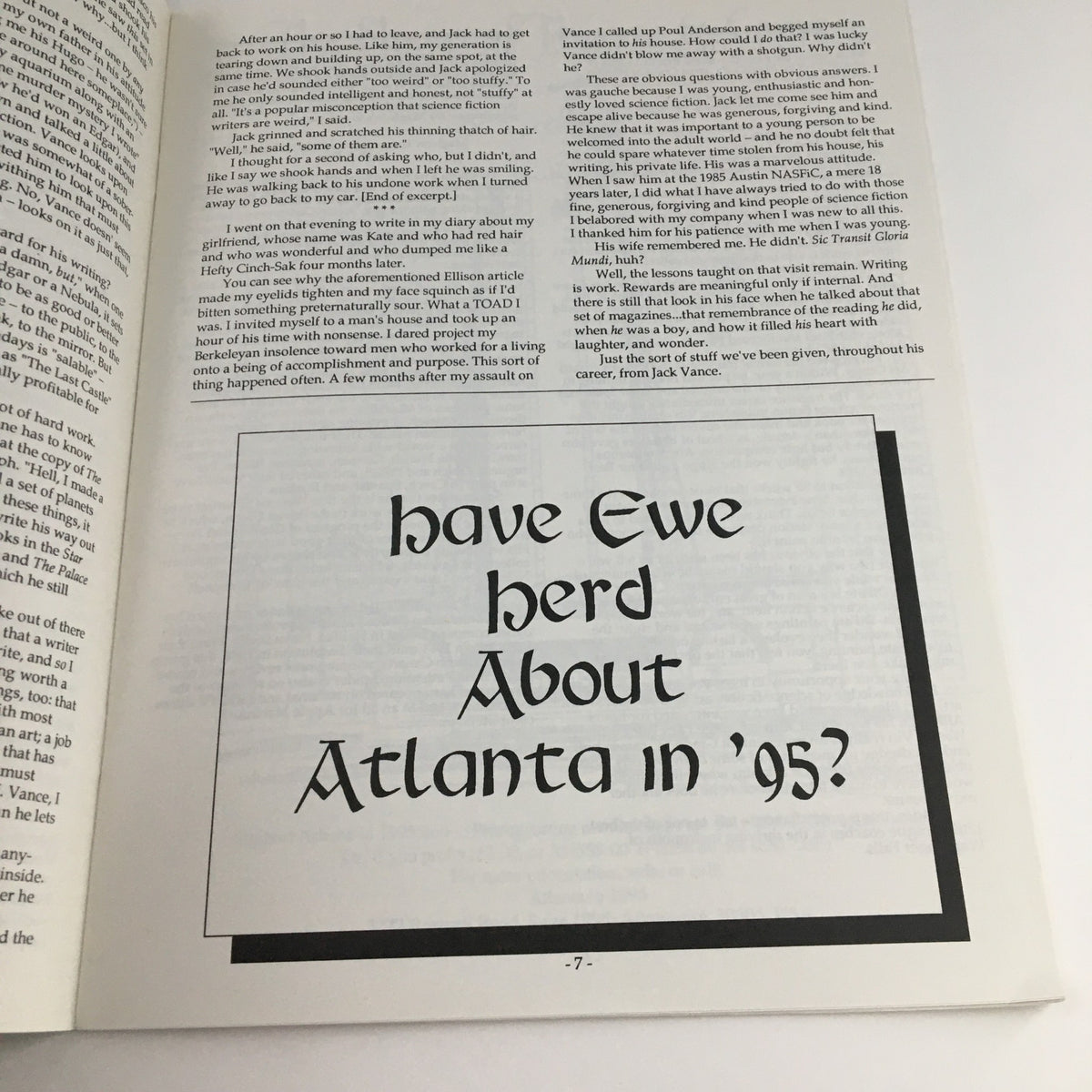Inside page of MagiCon Progress Report 2 showcasing an article with informal text, asking 'have Ewe herd About Atlanta in ’95?' related to the science fiction convention.