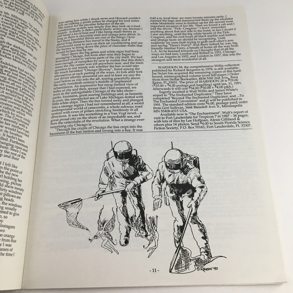 Illustration from MagiCon Progress Report 2 depicting two figures in space suits collecting specimens, highlighting the creative content of the September 1992 report.
