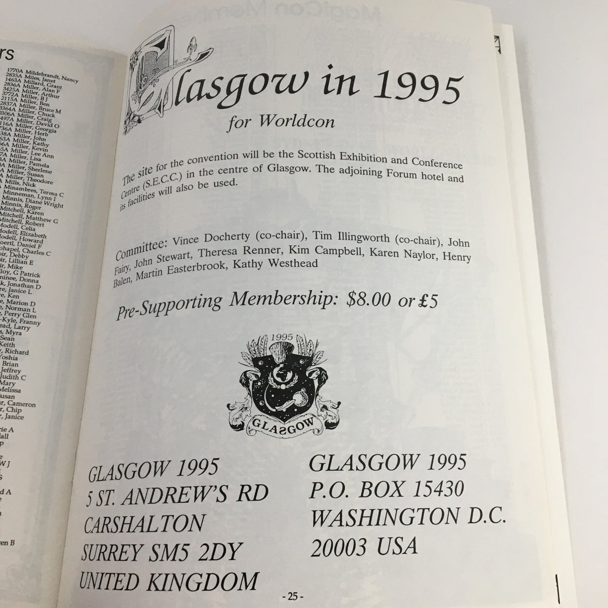 Information page from MagiCon Progress Report 2 detailing the Glasgow Worldcon in 1995, including membership details. A part of the September 1992 publication.