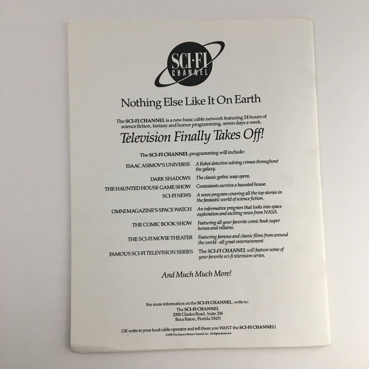 Promotional flyer insert in MagiCon Progress Report 2 for the SCI-FI Channel, summarizing programs like Dark Shadows and more, included in the September 1992 issue.