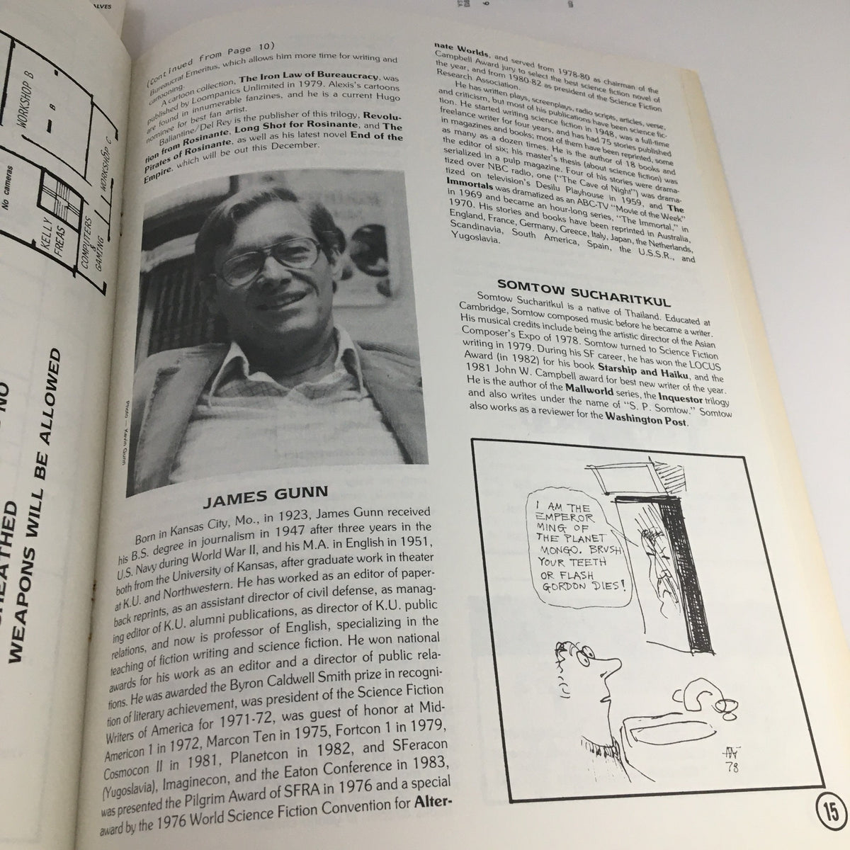 Star Proceedings August 1983 James Gunn & The City Machine image depicting James Gunn with biographical information and a cartoon illustration on the page.
