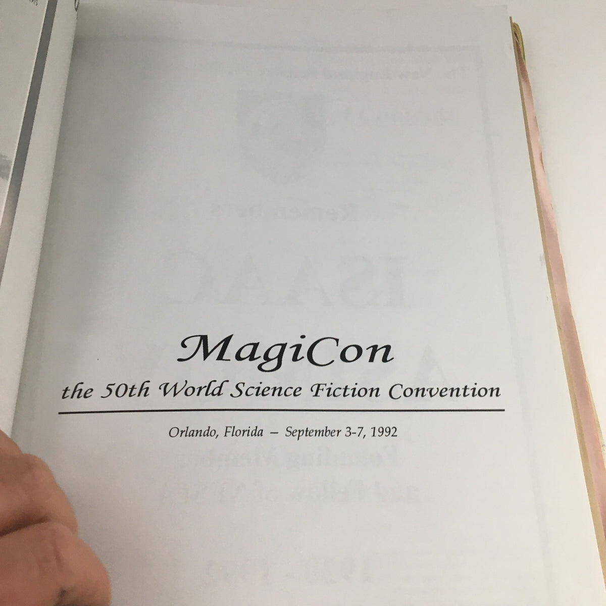 Inside page of MagiCon September 1992, the 50th World Science Fiction Convention, displaying event details and location in Orlando, Florida.