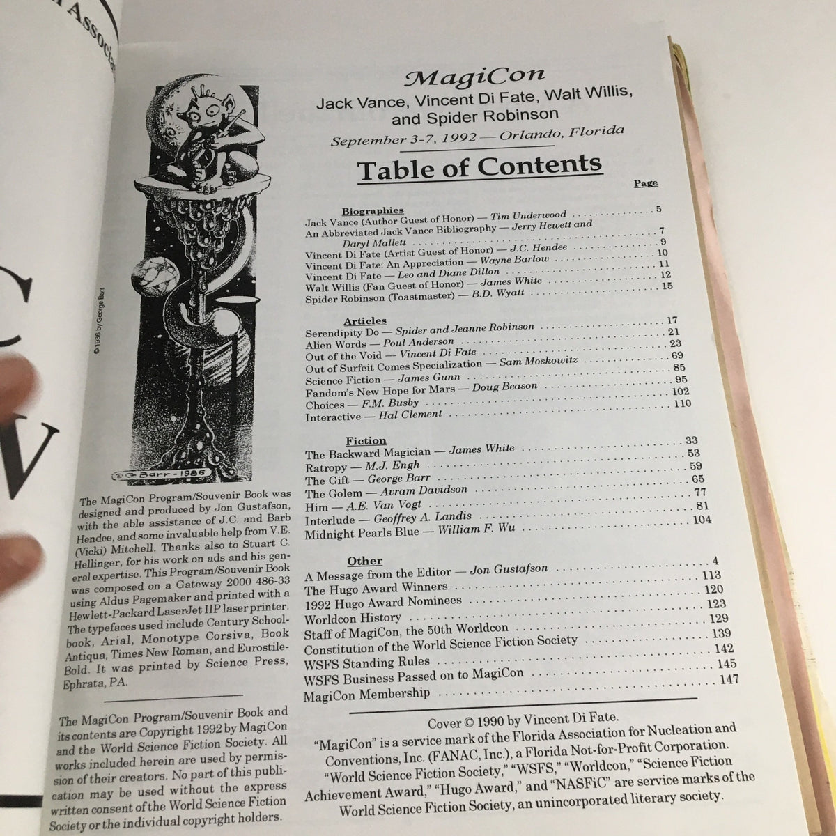 Table of Contents from MagiCon September 1992 The 50th World Science Fiction Convention, featuring authors like Jack Vance, Vincent Di Fate, Walt Willis, and Spider Robinson.