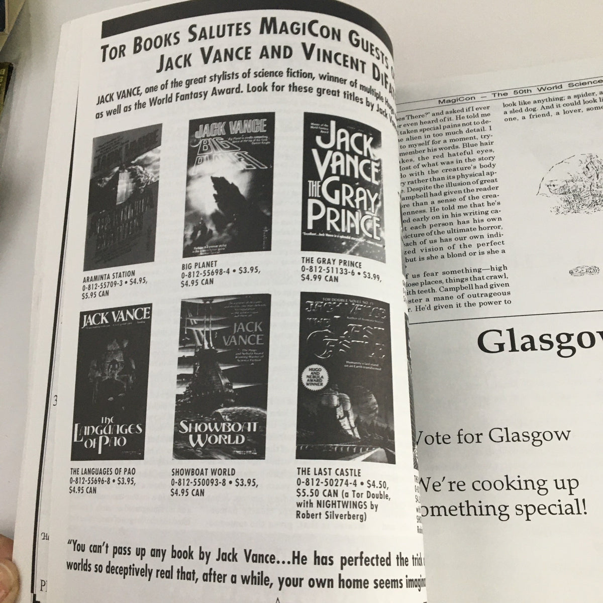 Advertisement for Tor Books featuring works by Jack Vance and Vincent Di Fate, from MagiCon September 1992 The 50th World Science Fiction Convention.