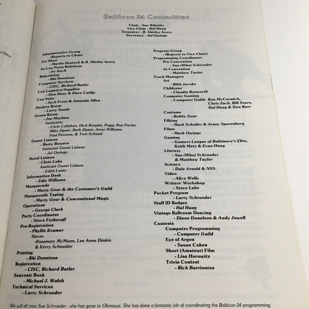 Page from BaltiCon The 24th World Sci-Fi Con 1990 showing the committee members' list, highlighting the organizational structure of the event.