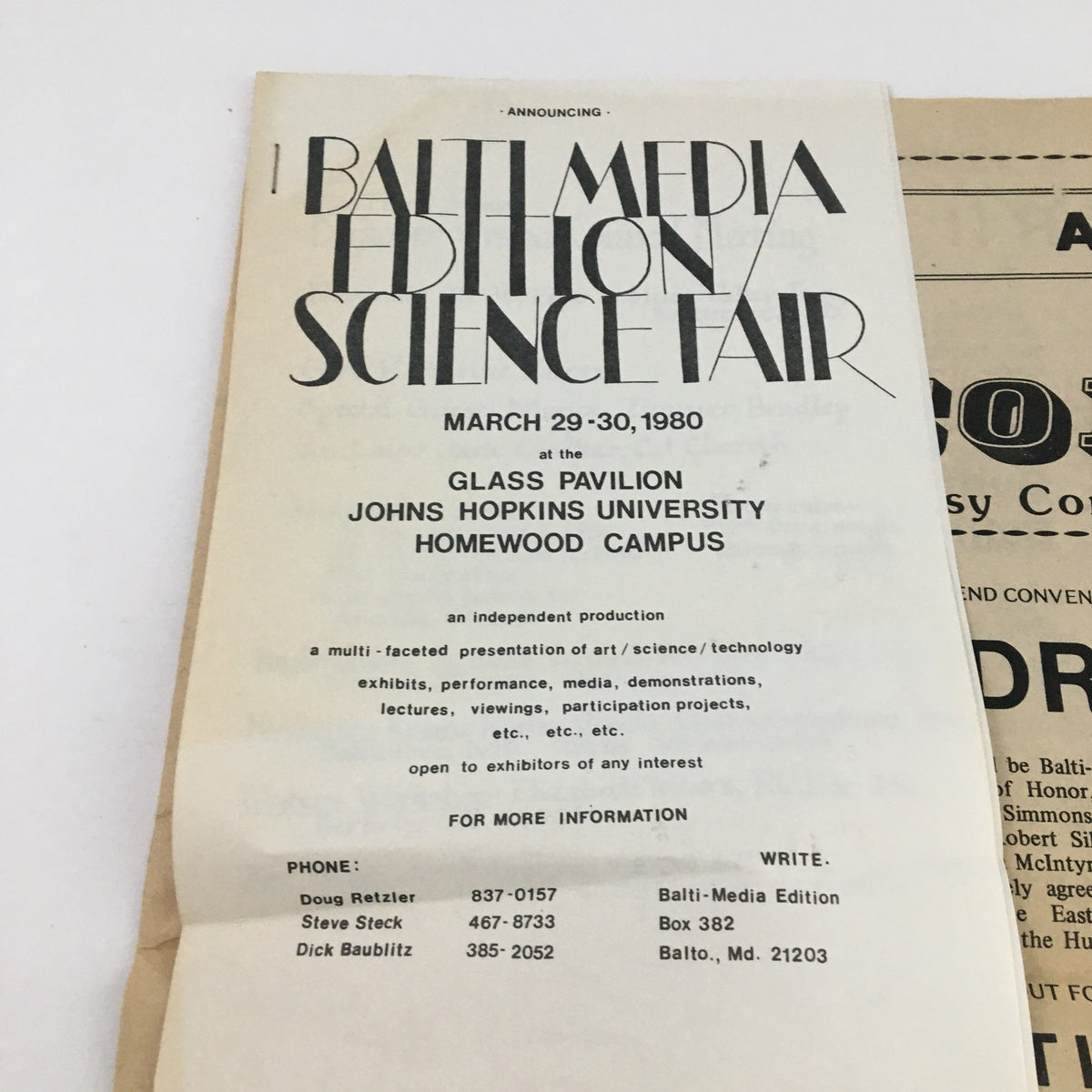 Balti Media Edition Science Fair March 1980 announcement highlighting organizers and logistics for the event at Johns Hopkins University.