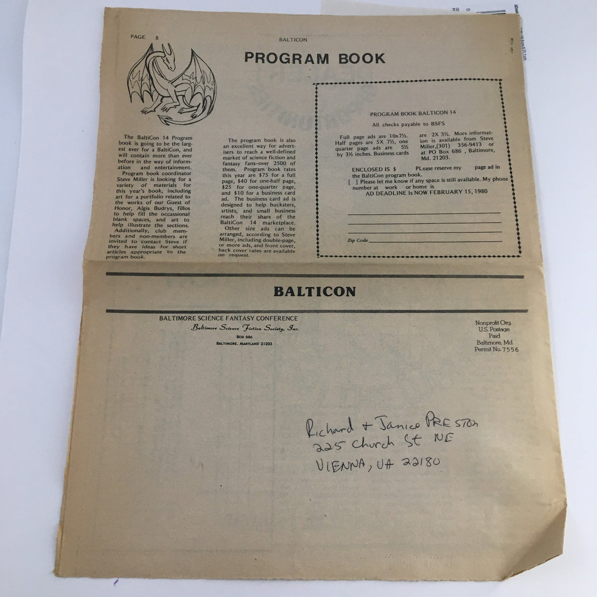 Inside page of the Balti Media Edition Science Fair March 1980 The Star Warm News, displaying information about the Balticon science fantasy conference, dated May 1975.