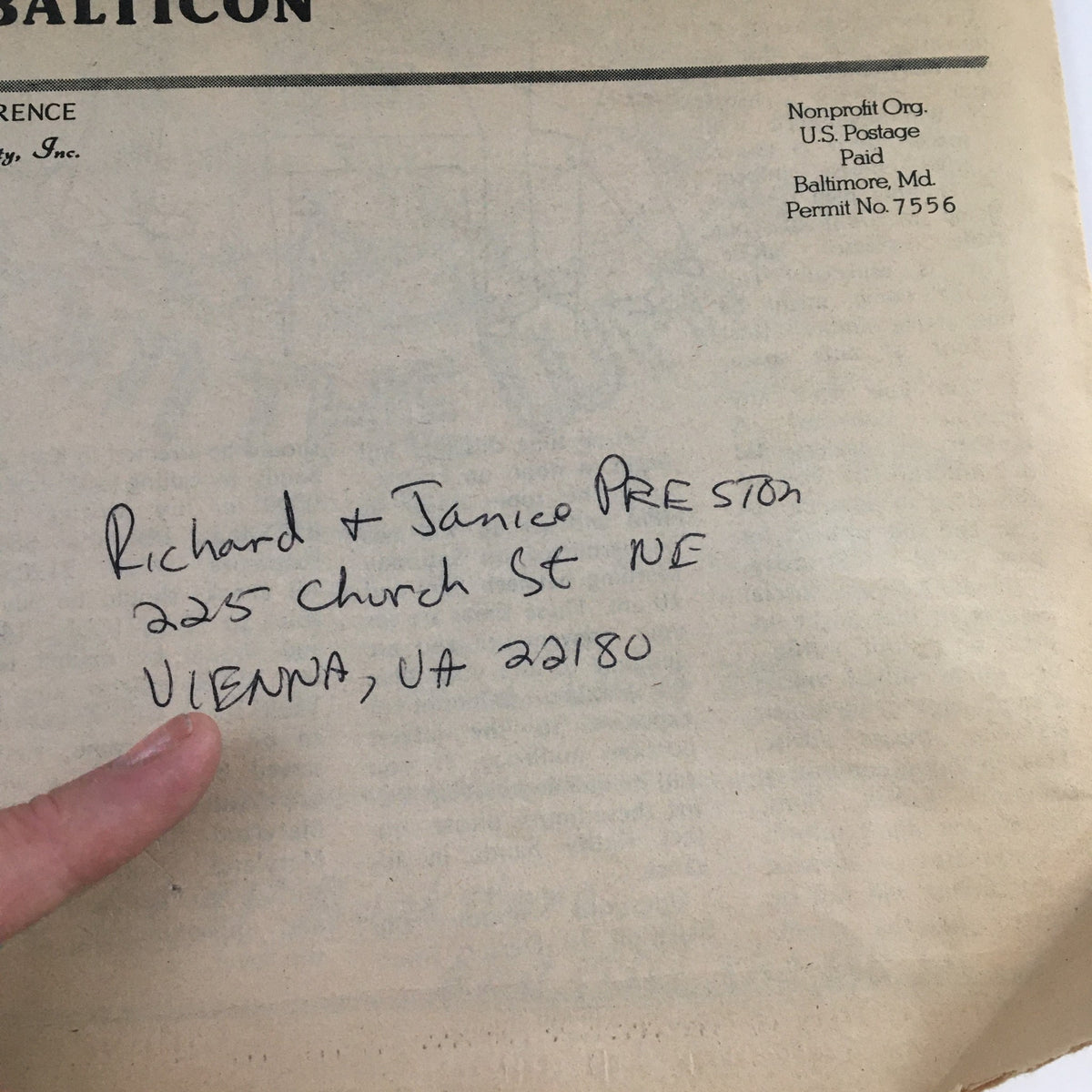 Address details written on the inside page of Balti Media Edition Science Fair March 1980 The Star Warm News, showing recipient information for Richard and Janice Preston.