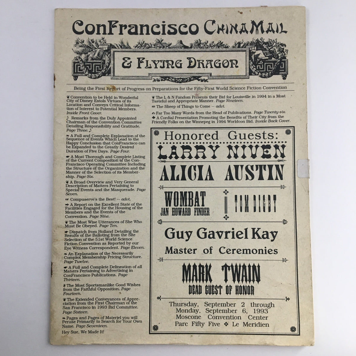 Con Francisco China Mall & Flying Dragon 1993 The 50th World Con Jack Vance event flyer featuring honored guests Larry Niven and Alicia Austin.