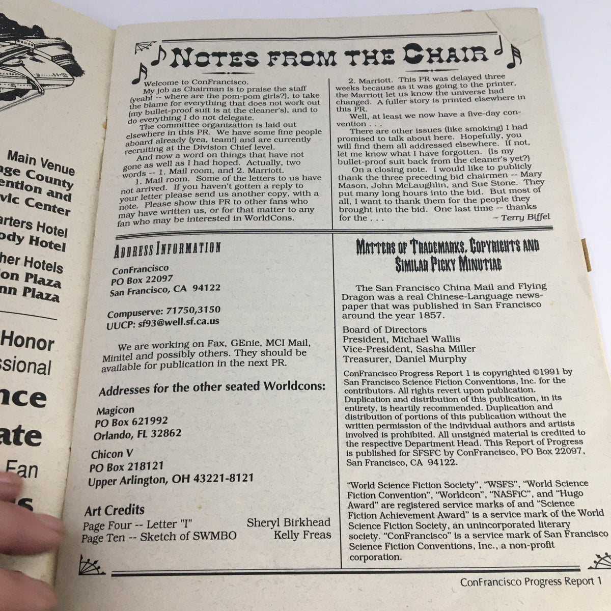 Con Francisco China Mall & Flying Dragon 1993 The 50th World Con Jack Vance notes page from the event detailing address information and trademark matters.