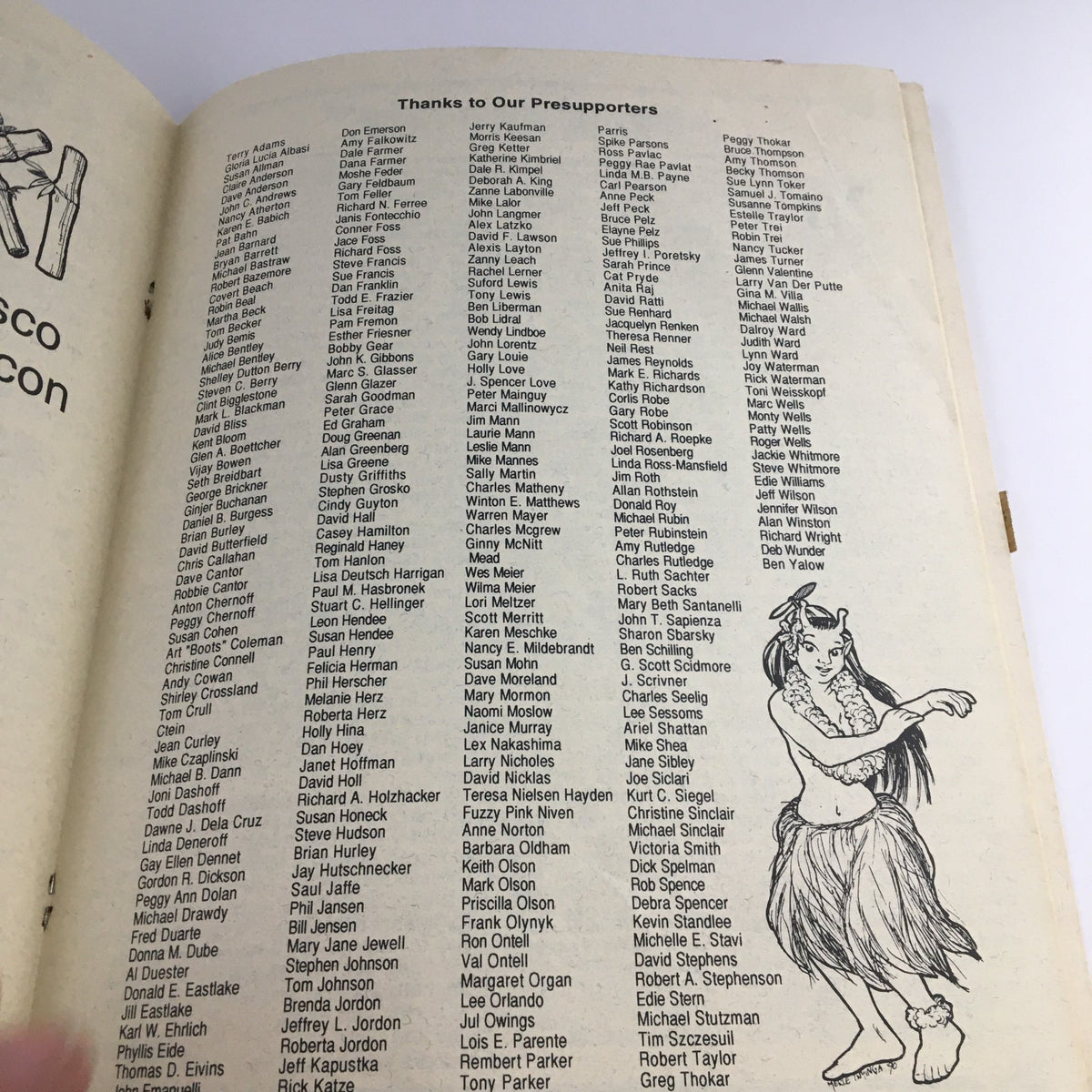 Inside page of the Con Francisco China Mall & Flying Dragon 1993 The 50th World Con Jack Vance, featuring a list of presupporters.