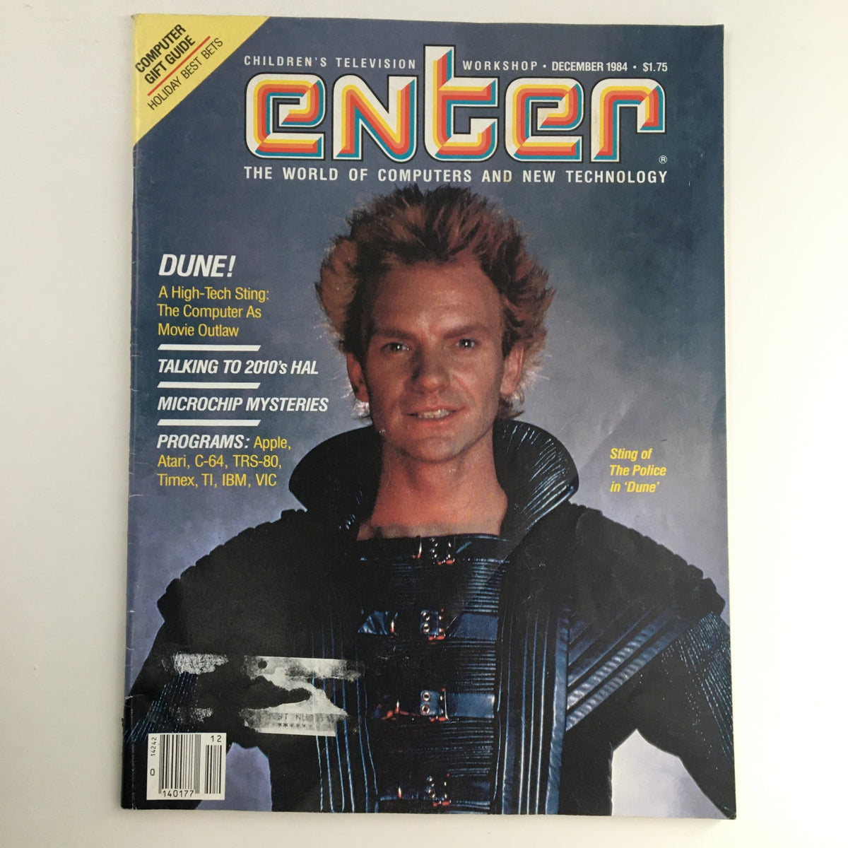 Enter Magazine December 1984 cover featuring Sting of The Police in 'Dune' and discussions on microchip mysteries.