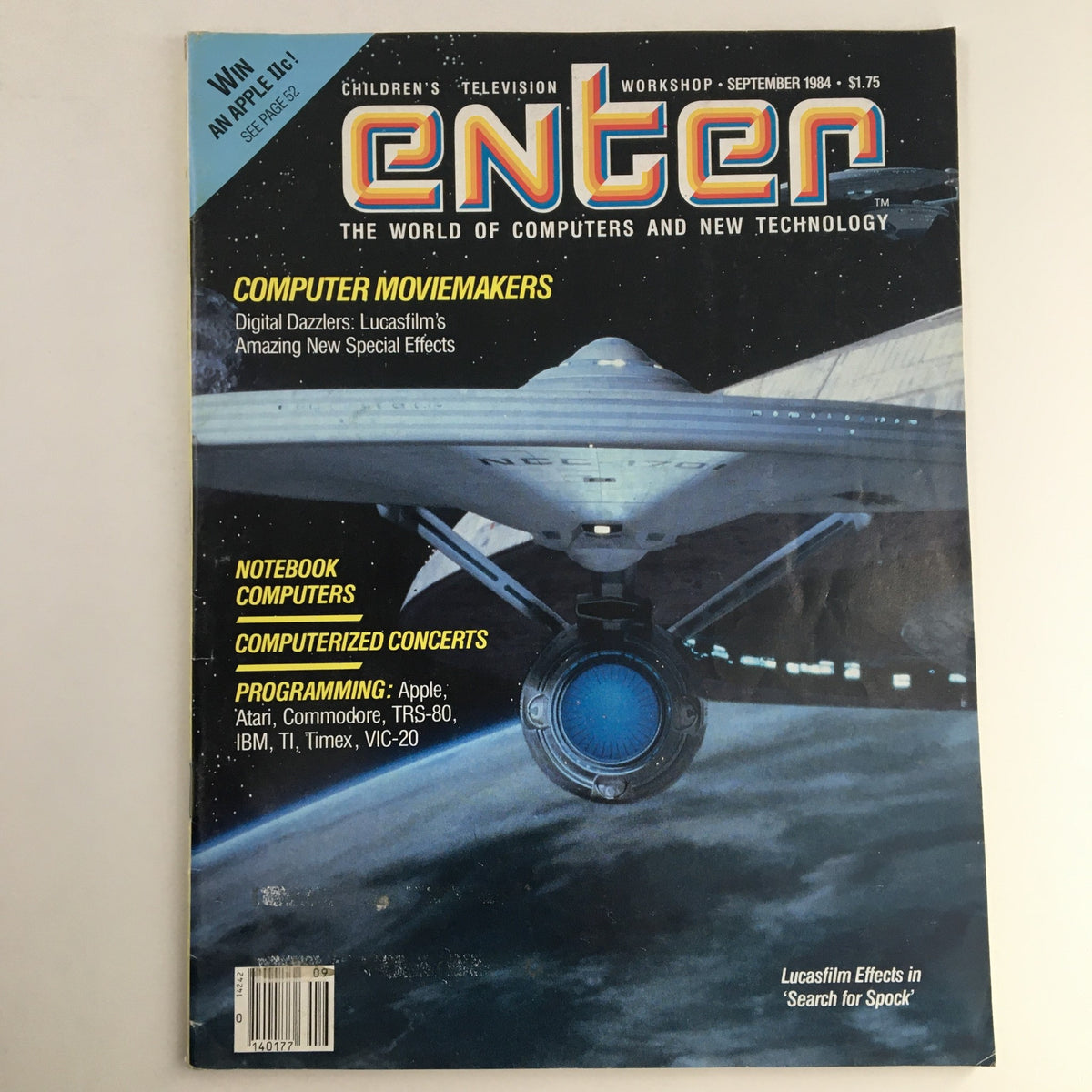 Enter Magazine September 1984 featuring Lucasfilm Effects in 'Search for Spock' on the cover, showcasing the USS Enterprise spacecraft in a striking space scene, highlighting vintage technology and cinema.