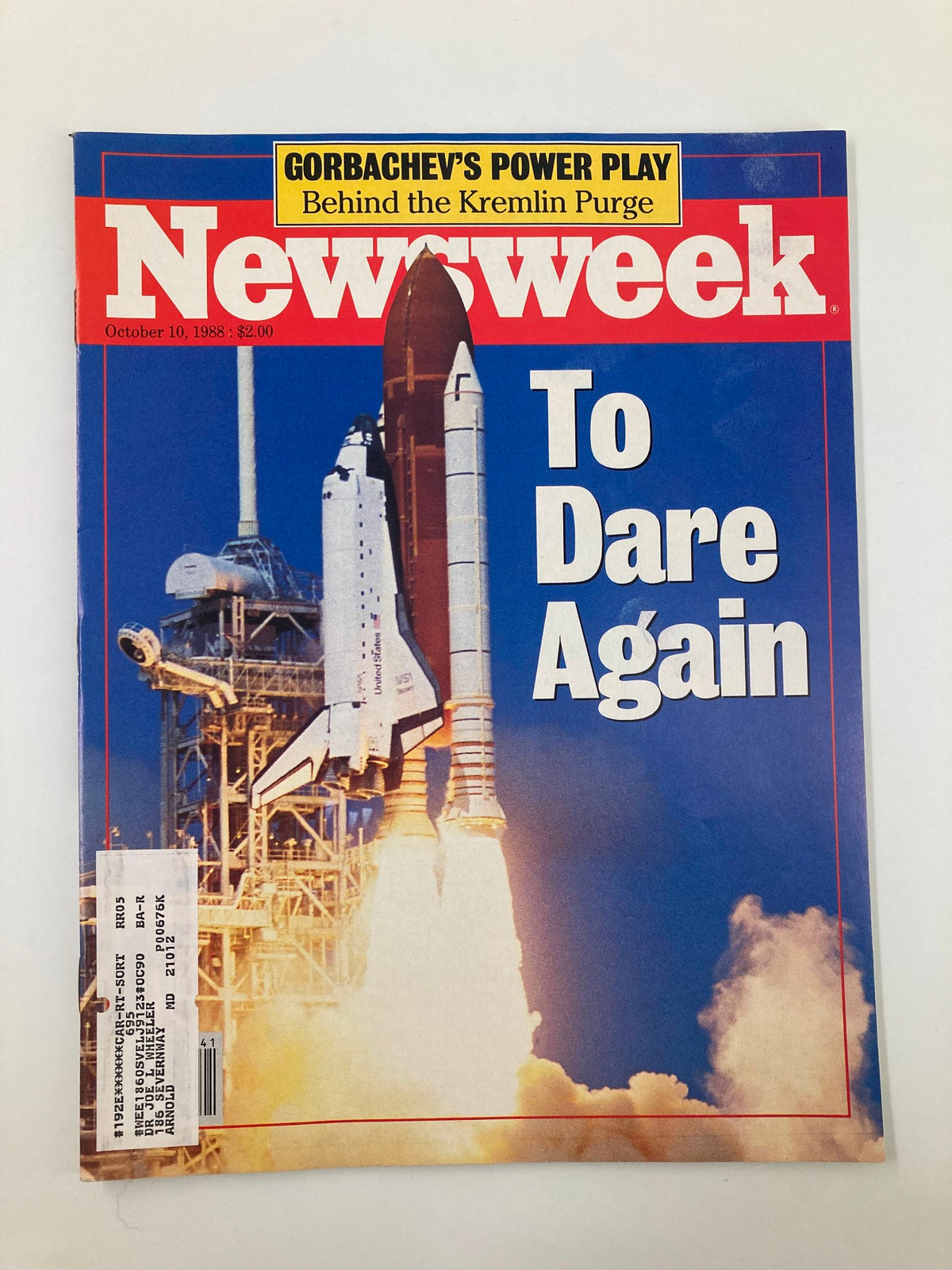 Cover of VTG Newsweek Magazine from October 10, 1988, featuring an image of a space shuttle launching with the headline 'To Dare Again' and a label indicating 'Gorbachev's Power Play Behind the Kremlin Purge'.