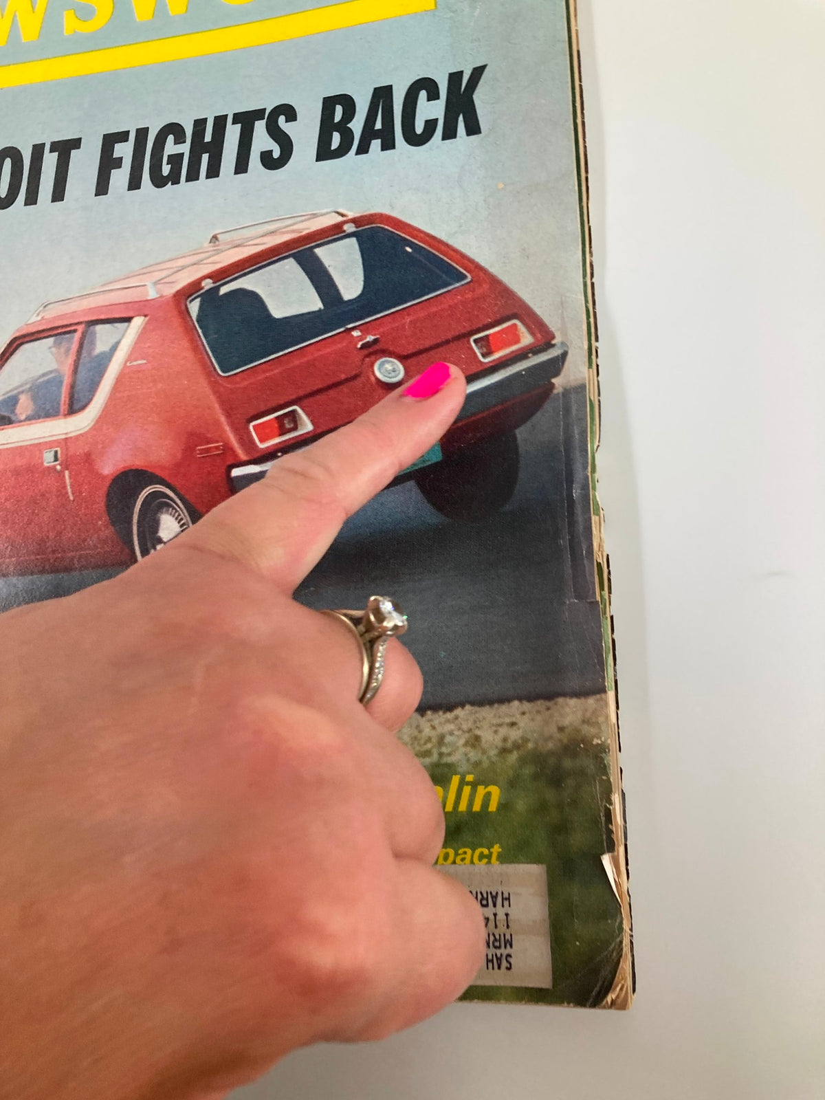 Close-up of the VTG Newsweek Magazine cover from April 6, 1970, highlighting the Gremlin with a finger pointing to its unique design.
