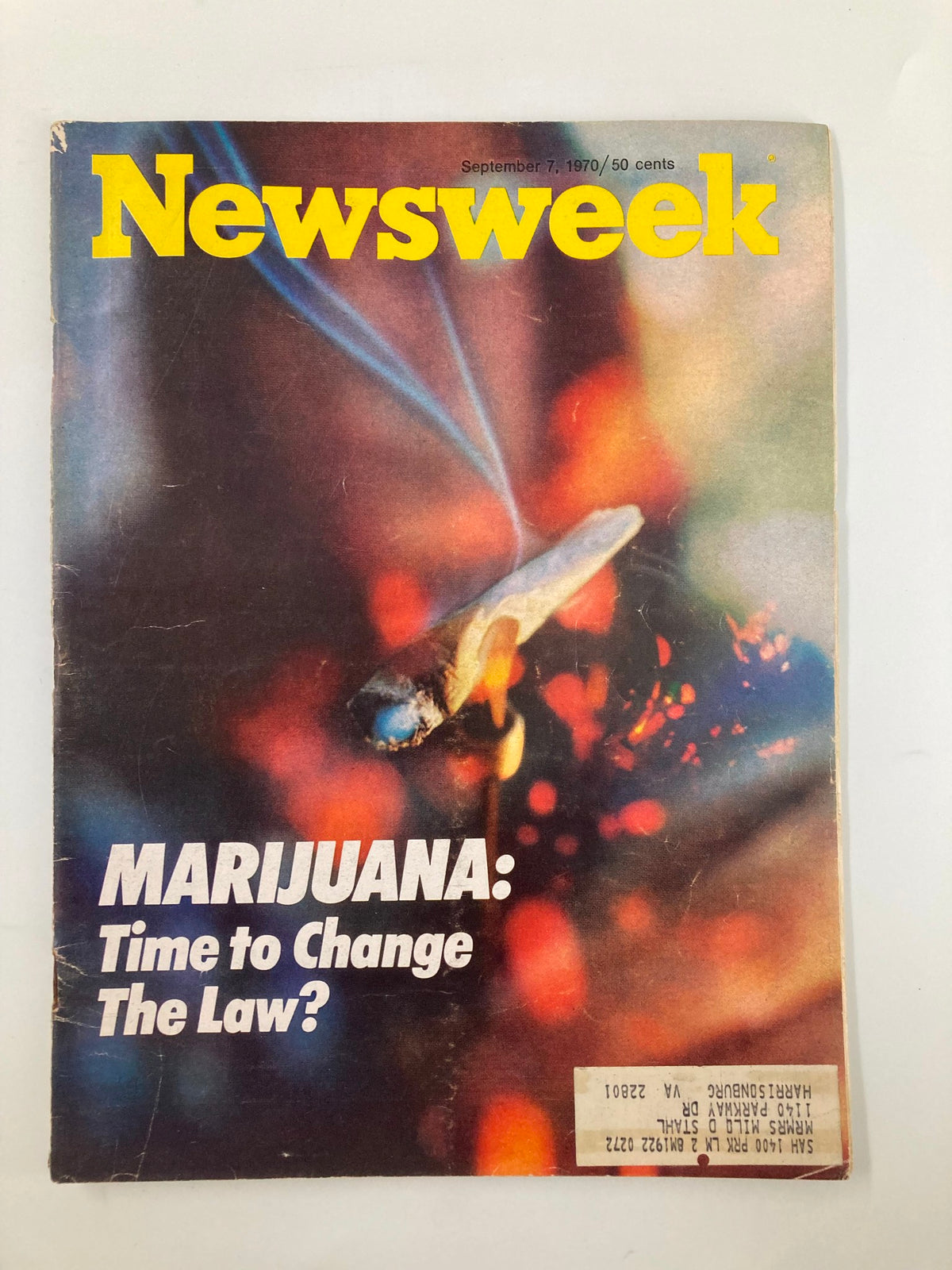 Cover of VTG Newsweek Magazine from September 7, 1970, featuring the headline 'Marijuana: Time to Change The Law?' with vibrant background imagery related to marijuana.