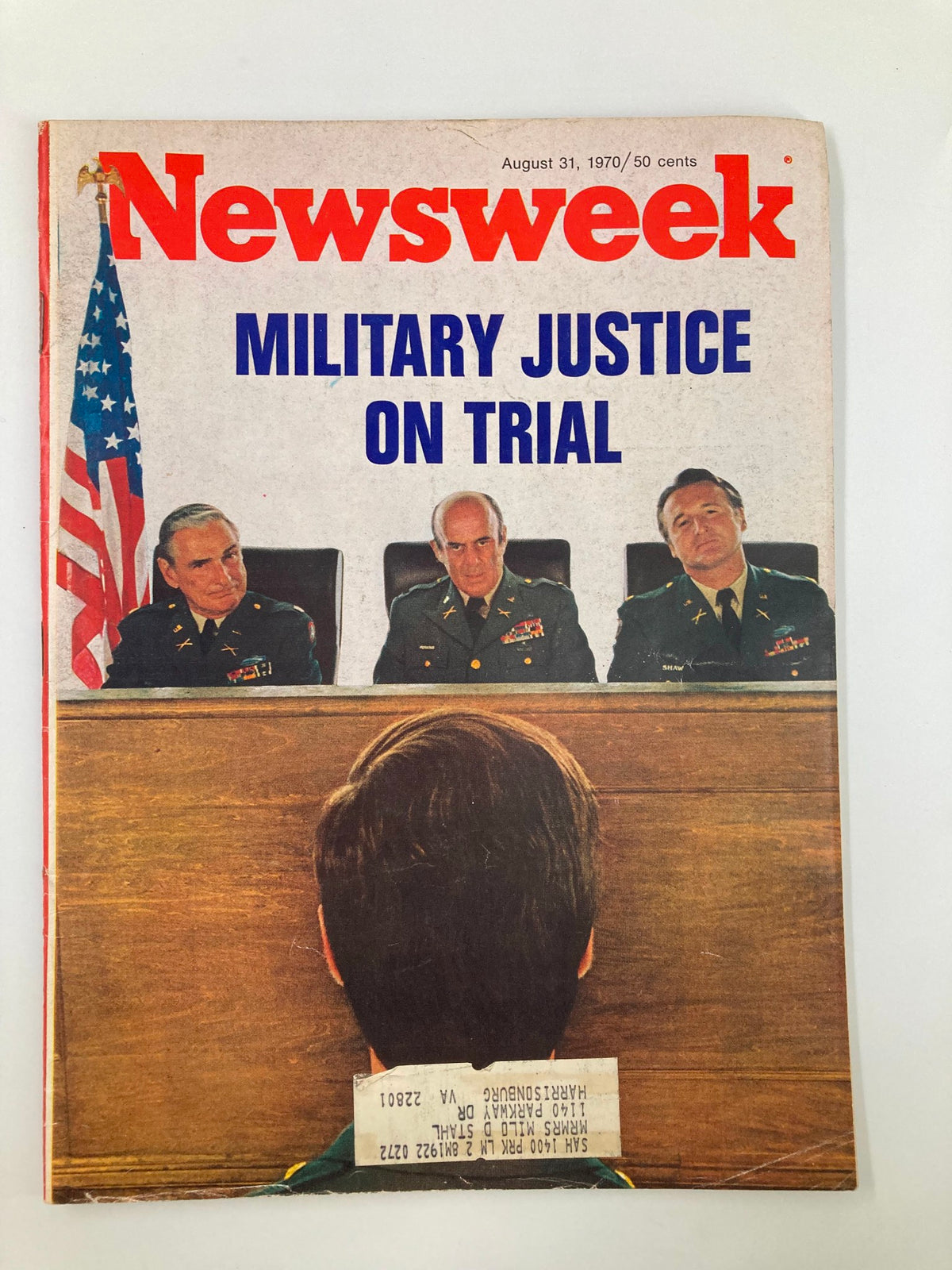 Cover of VTG Newsweek Magazine from August 31, 1970, featuring the title 'Military Justice On Trial' with a courtroom setting showing military officials and a young soldier.