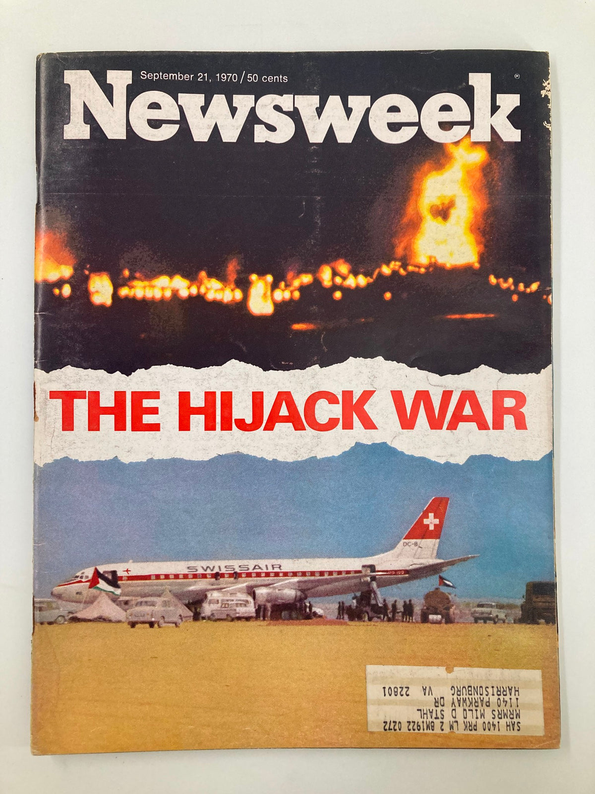 Cover image of the VTG Newsweek Magazine from September 21, 1970, titled 'The Hijack War of Swiss Air', featuring a Swissair airplane and visual elements related to aviation hijacking.