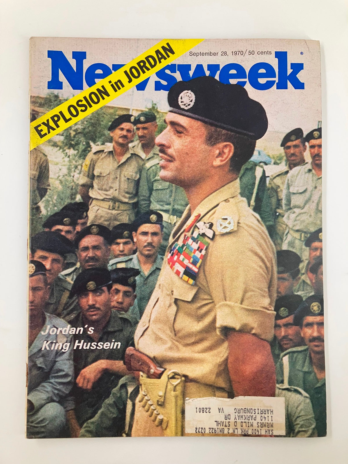 Cover of the VTG Newsweek Magazine from September 28, 1970, featuring a prominent image of King Hussein of Jordan amidst military personnel, with a headline stating 'Explosion in Jordan'.