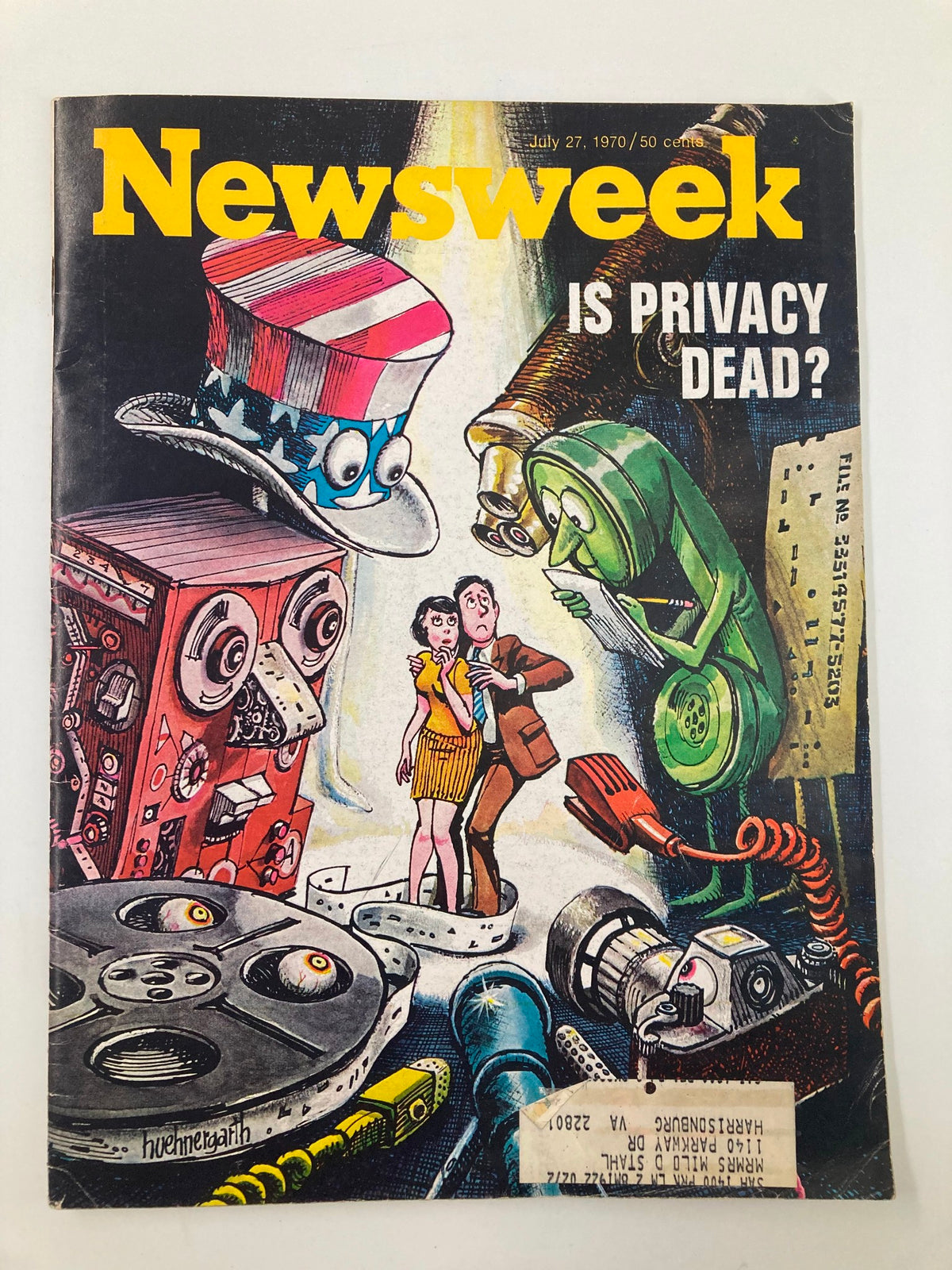 Vintage Newsweek Magazine cover from July 27, 1970, featuring the cover story 'Is Privacy Dead?' The colorful illustration depicts a mix of technology and societal themes, showcasing characters in a dramatic, cartoonish style amidst images of cameras and gadgets, reflecting the era's concerns about personal privacy.