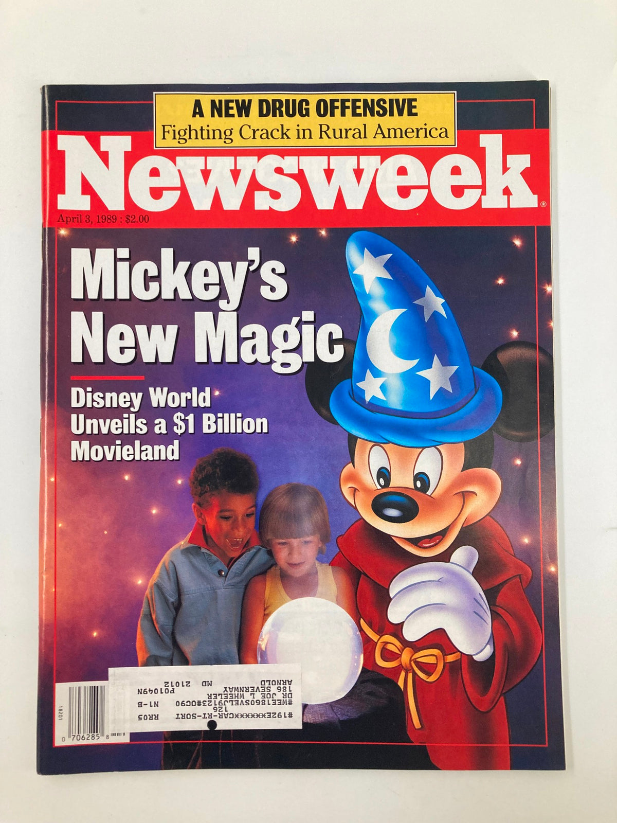 VTG Newsweek Magazine April 3 1989 featuring Mickey's New Magic at Disney World, showcasing Mickey Mouse with children and announcing the unveiling of a $1 billion Movieland.