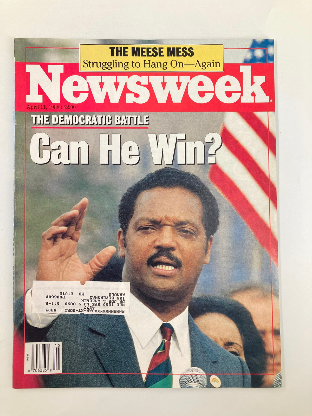 VTG Newsweek Magazine April 11 1988 featuring Jesse Jackson on the cover with the headline 'The Democratic Battle: Can He Win?'. This vintage magazine represents a significant period in U.S. political history.
