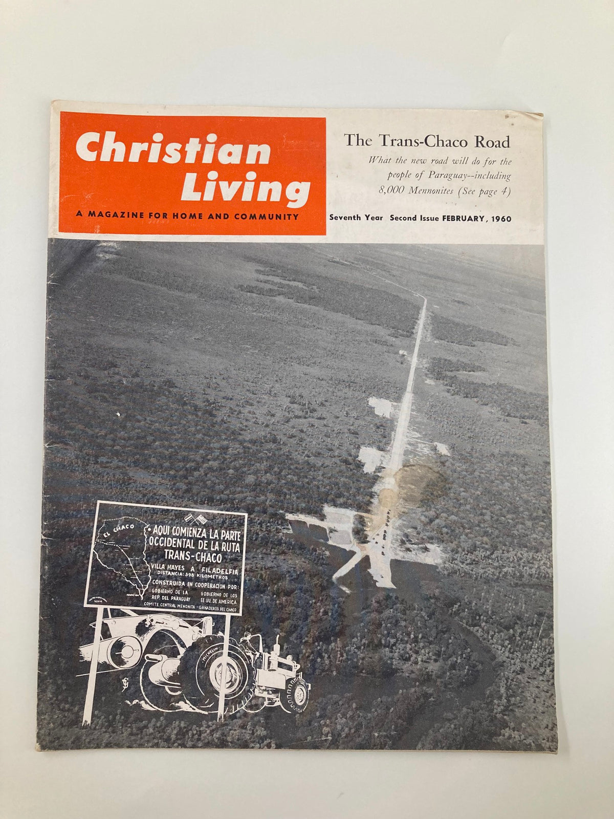 VTG Christian Living Magazine cover from February 1960 featuring the Trans-Chaco Road in Paraguay, showcasing a black and white aerial view with text and illustrations related to the magazine's focus on life and travel in Paraguay.
