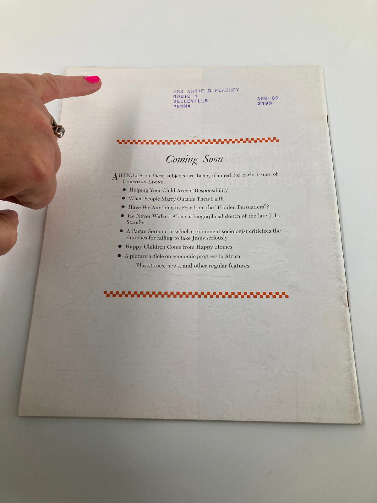 Back cover of VTG Christian Living Magazine February 1960, showing the publication's upcoming features. The image highlights a vintage design, adding to the collectible aspect of the magazine focused on The Trans-Chaco Road in Paraguay.