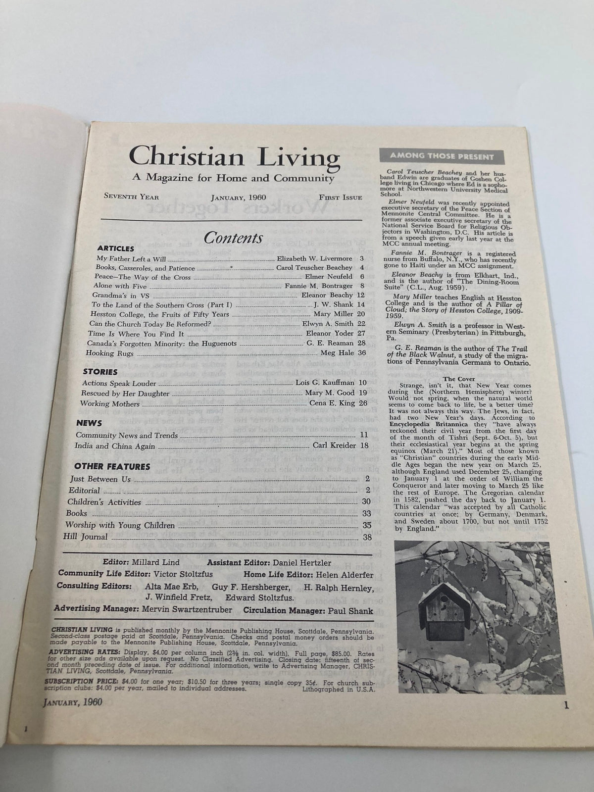 Contents page of VTG Christian Living Magazine January 1960 displaying articles and features relevant to home and community living.