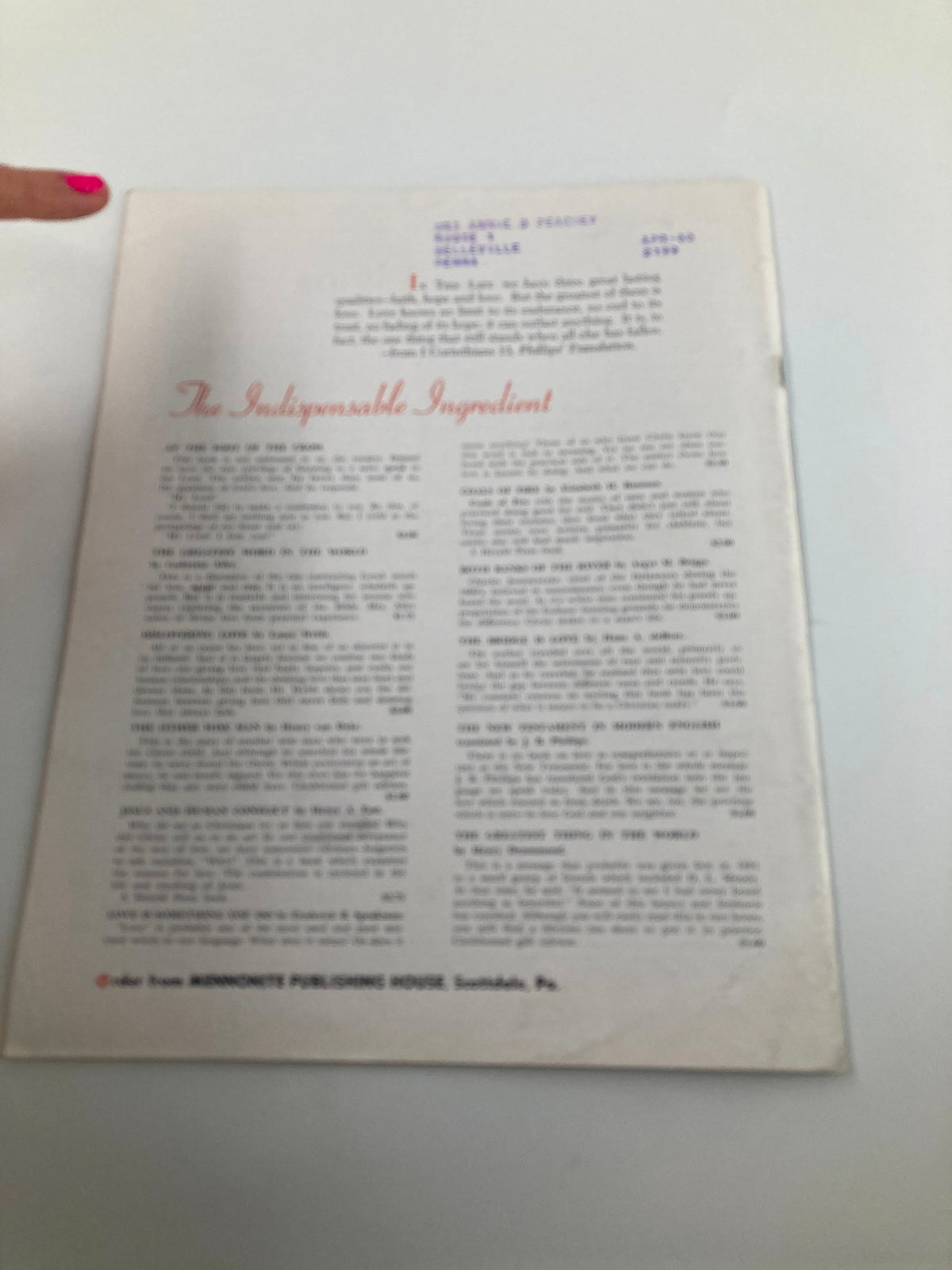 Back cover of VTG Christian Living Magazine January 1960 showcasing an article titled 'The Indispensable Ingredient'.