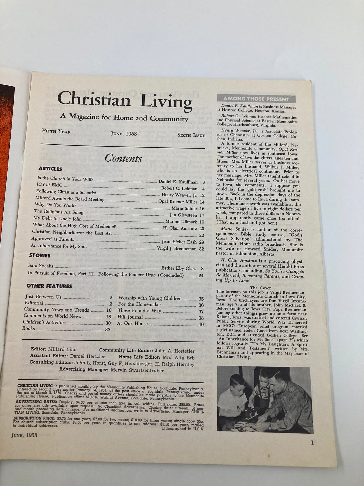 Contents page of the VTG Christian Living Magazine June 1958. It lists articles and features, reflecting the magazine's focus on spirituality and community values.