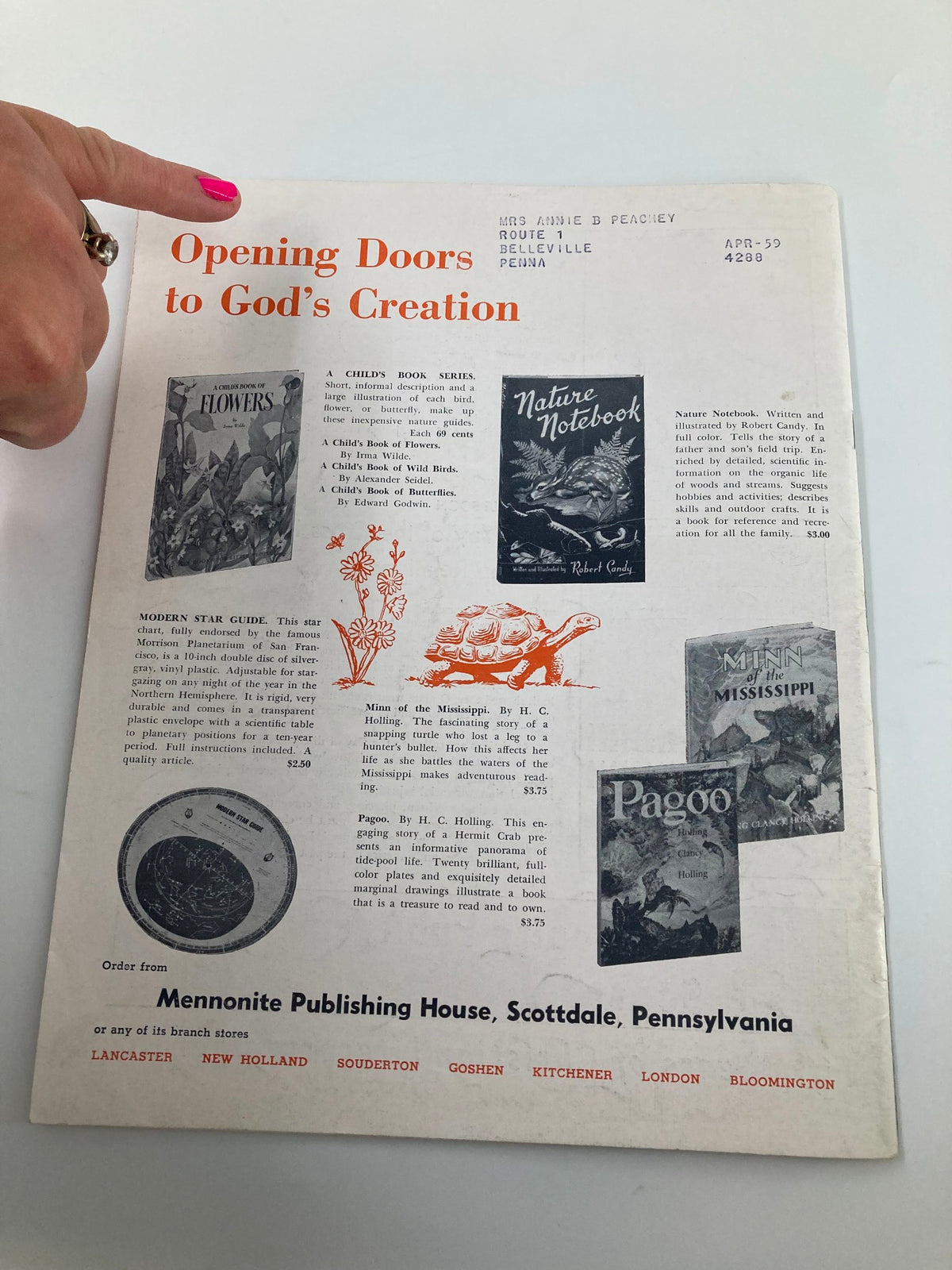 Vintage Christian Living Magazine June 1958 cover featuring the title 'Opening Doors to God’s Creation' with illustrations of children's books and nature resources, showcasing historical religious content.