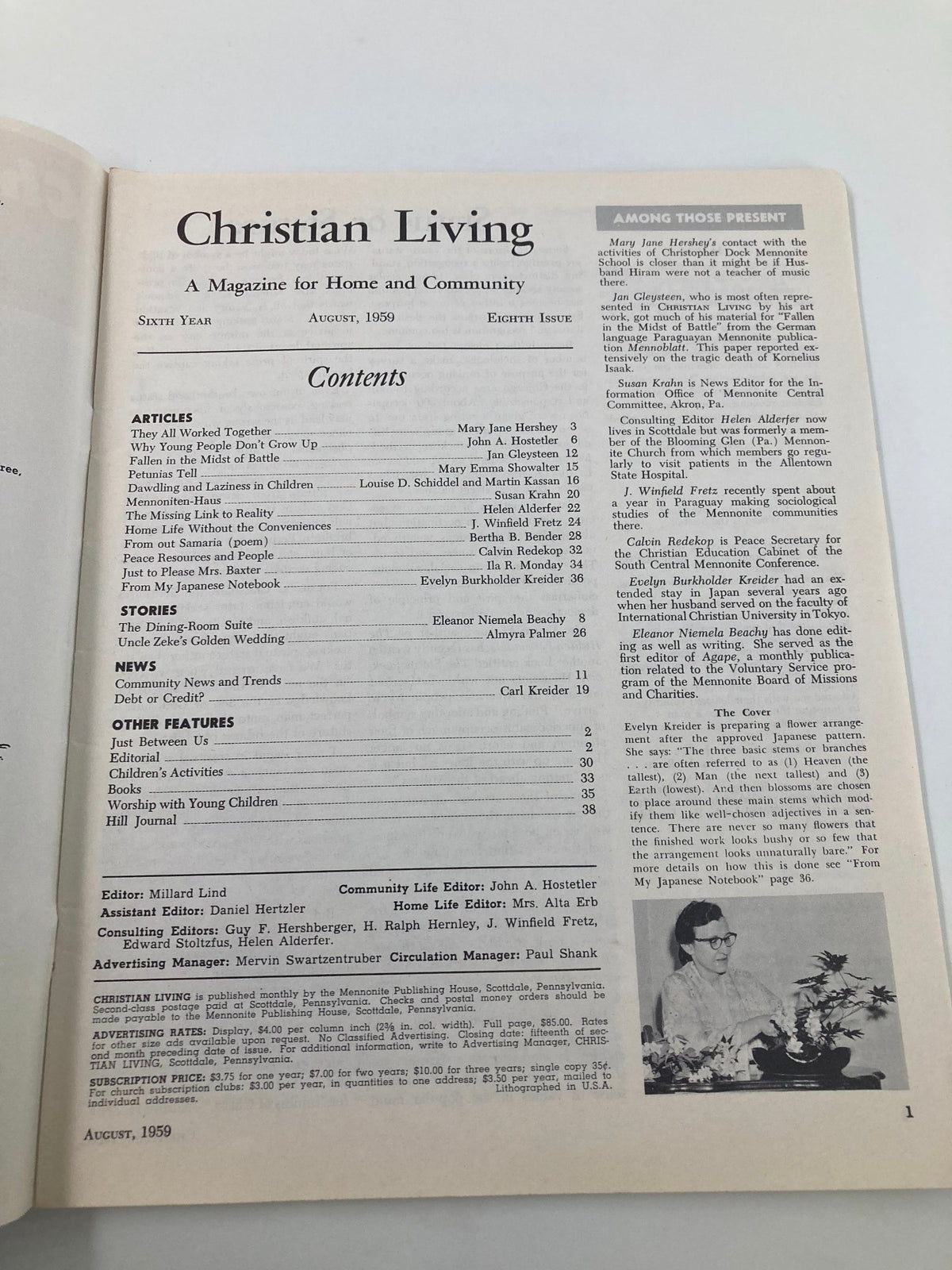 Interior page of VTG Christian Living Magazine August 1959 detailing the contents, emphasizing articles and features within the issue along with the magazine's informative layout.