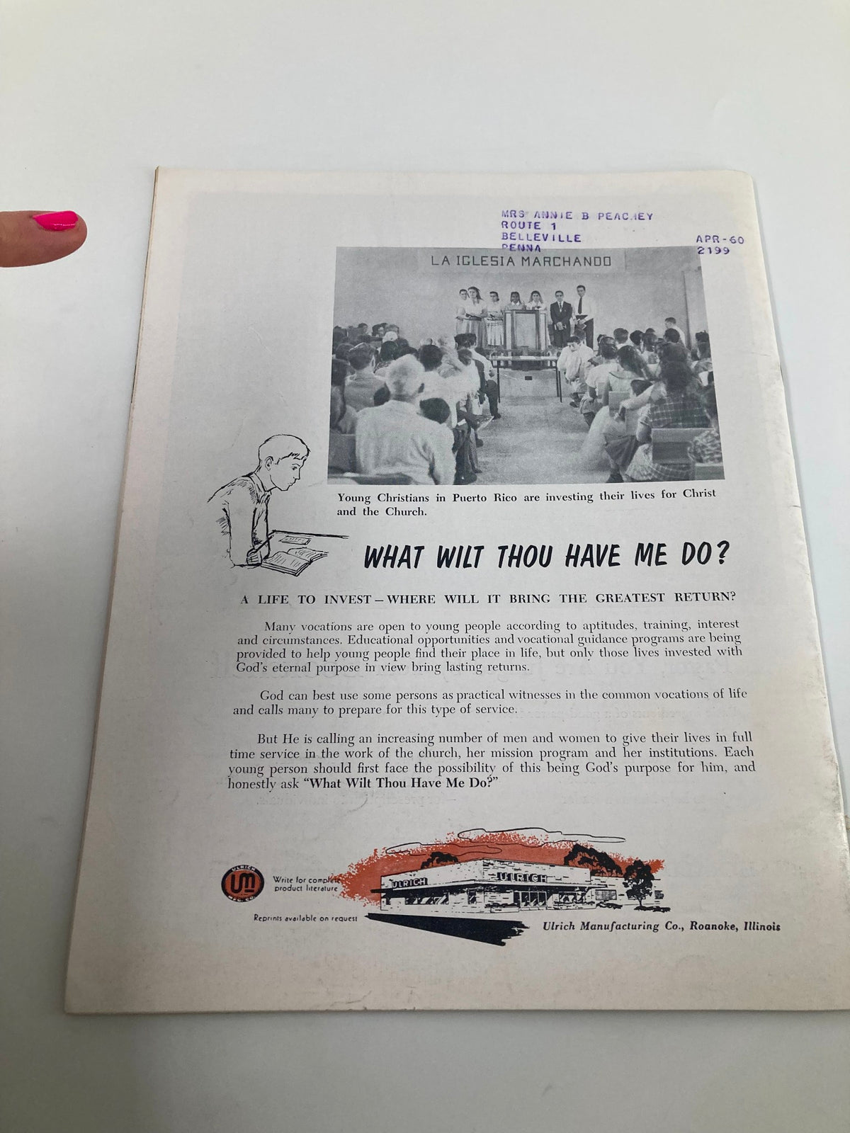 Back cover of the VTG Christian Living Magazine August 1959 titled 'What Wilt Thou Have Me Do?' featuring a gathering of young Christians in Puerto Rico, discussing life choices and vocations related to faith, alongside an illustration and a logo from Ulrich Manufacturing Co.