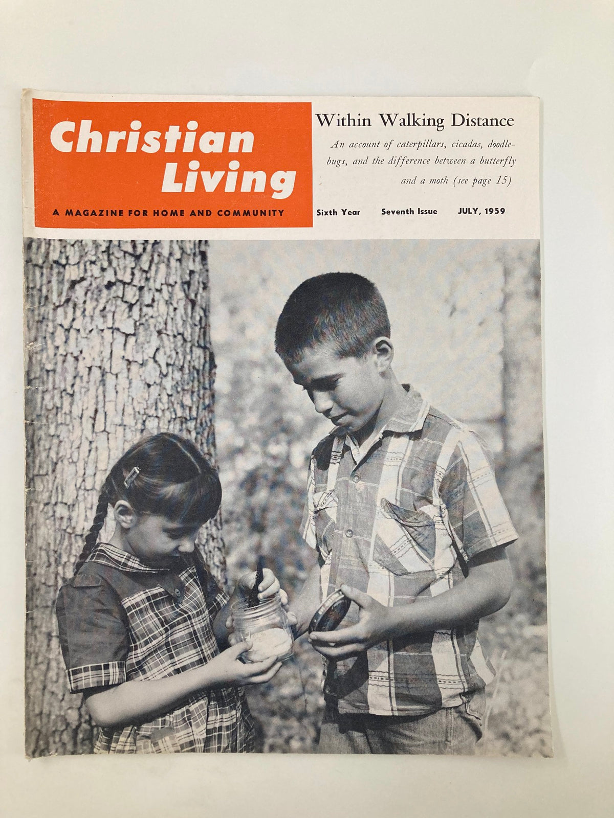 Cover of VTG Christian Living Magazine from July 1959 featuring children examining caterpillars and doodlebugs, with a focus on nature and childhood exploration.