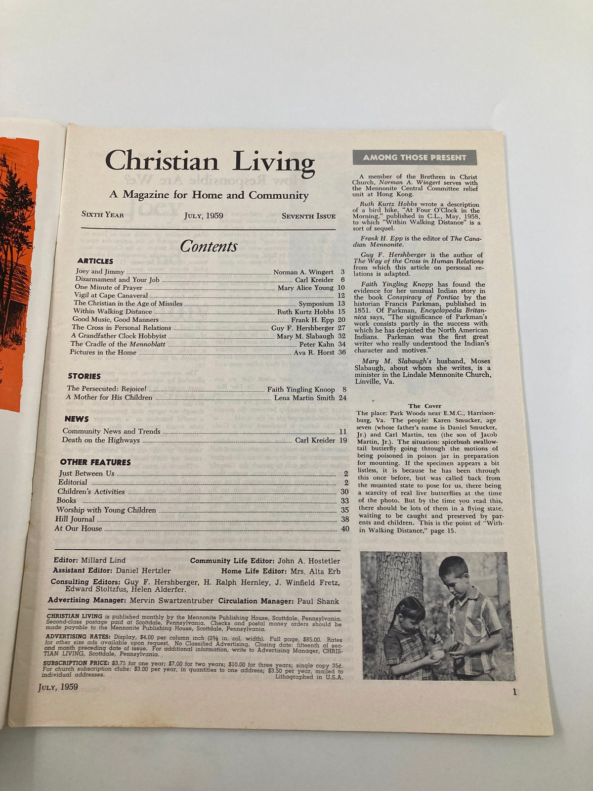 Inside page of VTG Christian Living Magazine from July 1959 featuring the table of contents, articles, and editorial details for a magazine focused on home and community.
