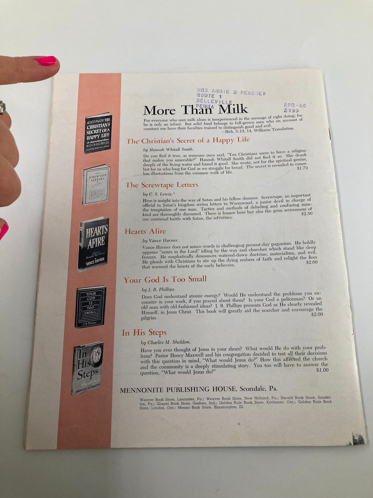 Back cover of a vintage magazine titled 'More Than Milk' featuring a list of book recommendations and an illustration, related to Christian teachings and lifestyle.