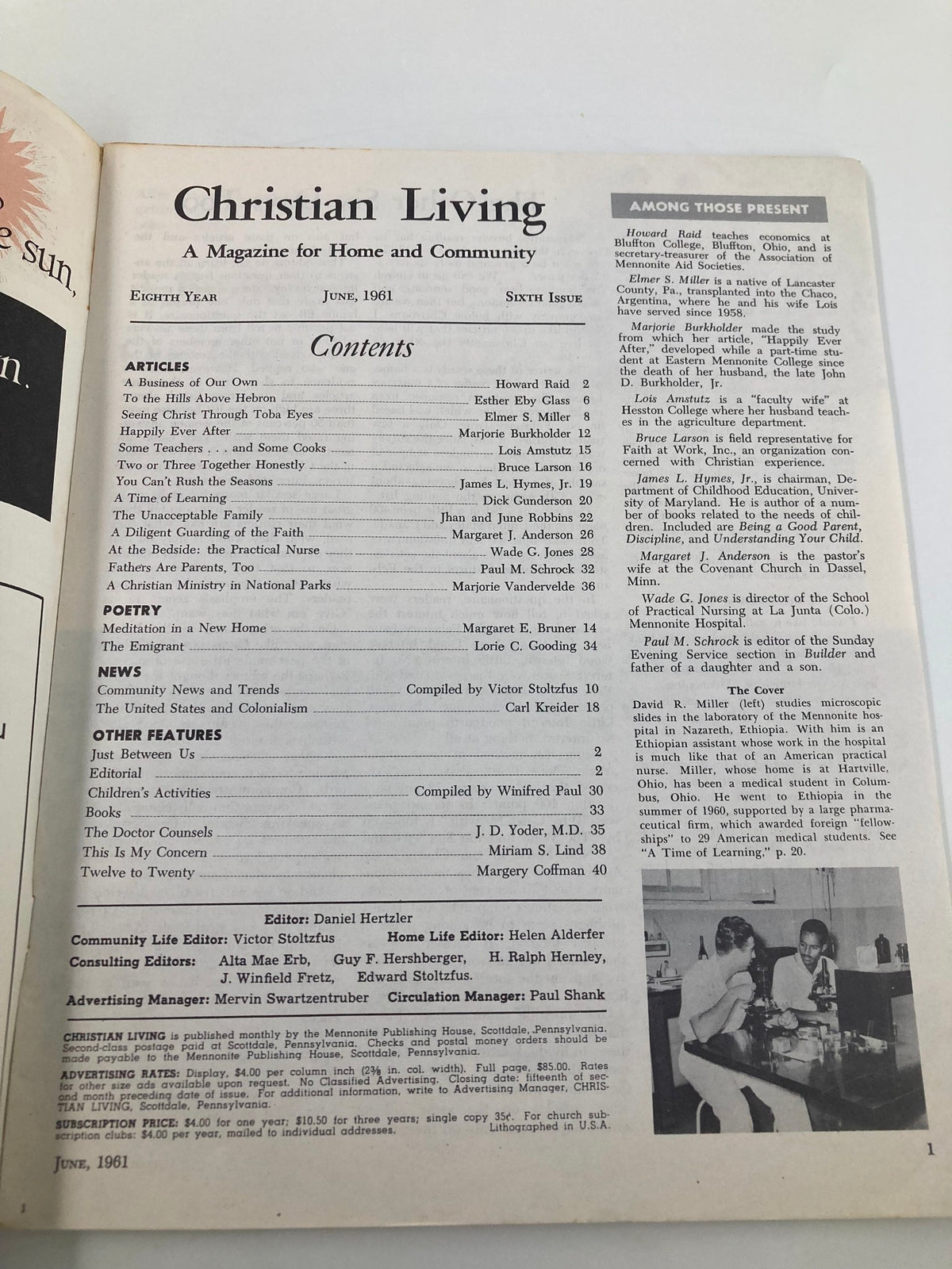 Contents page of VTG Christian Living Magazine June 1961 listing various articles and topics, emphasizing its focus on community and spirituality.
