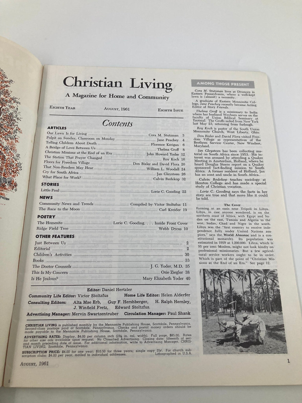 Contents page of VTG Christian Living Magazine August 1961, outlining articles and stories including cultural insights related to Libya and Christian missions.